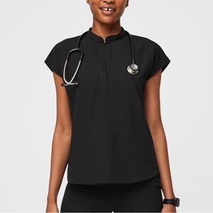 FIGS Rafaela oversized mandarin collar scrub top Sz XXS black